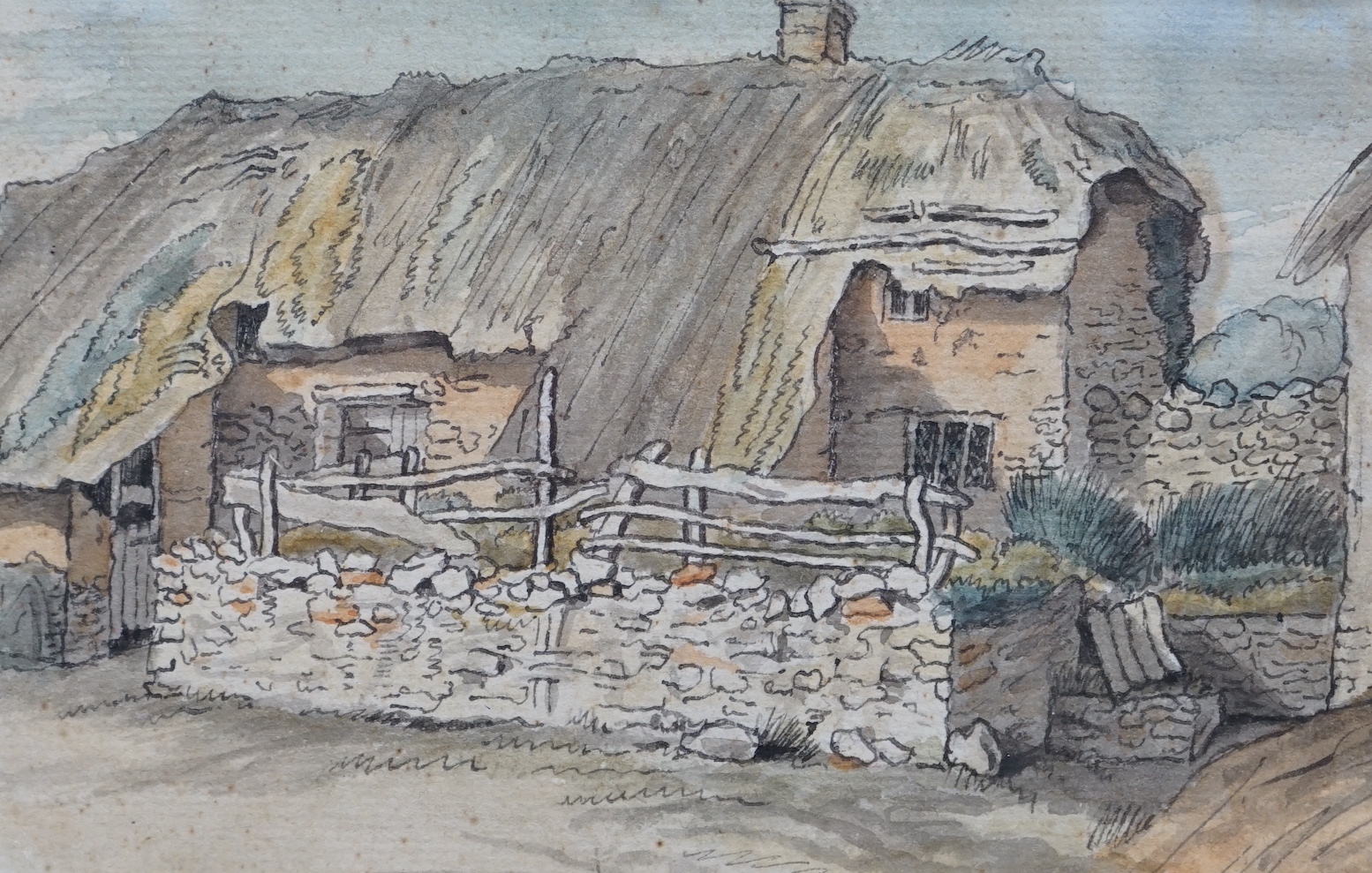 Arthur Abbott (1804-1843), pen and watercolour, ‘A Devon Cottage’, initialled, together with Arthur Ackland Hunt (act. 1863 - 1902), watercolour, ‘Alnwick Castle’, unsigned, one with Abbott & Holder label verso, largest